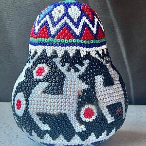 Handcrafted Beaded Gourd Sculpture With Colorful Geometric & Animal Patterns